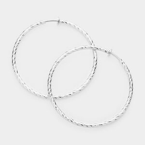 Textured Silver Clip On Hoop Earrings 2.4 Inches Casual Simple Style